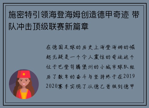 施密特引领海登海姆创造德甲奇迹 带队冲击顶级联赛新篇章
