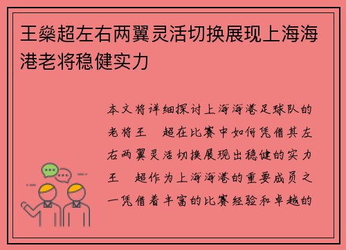 王燊超左右两翼灵活切换展现上海海港老将稳健实力